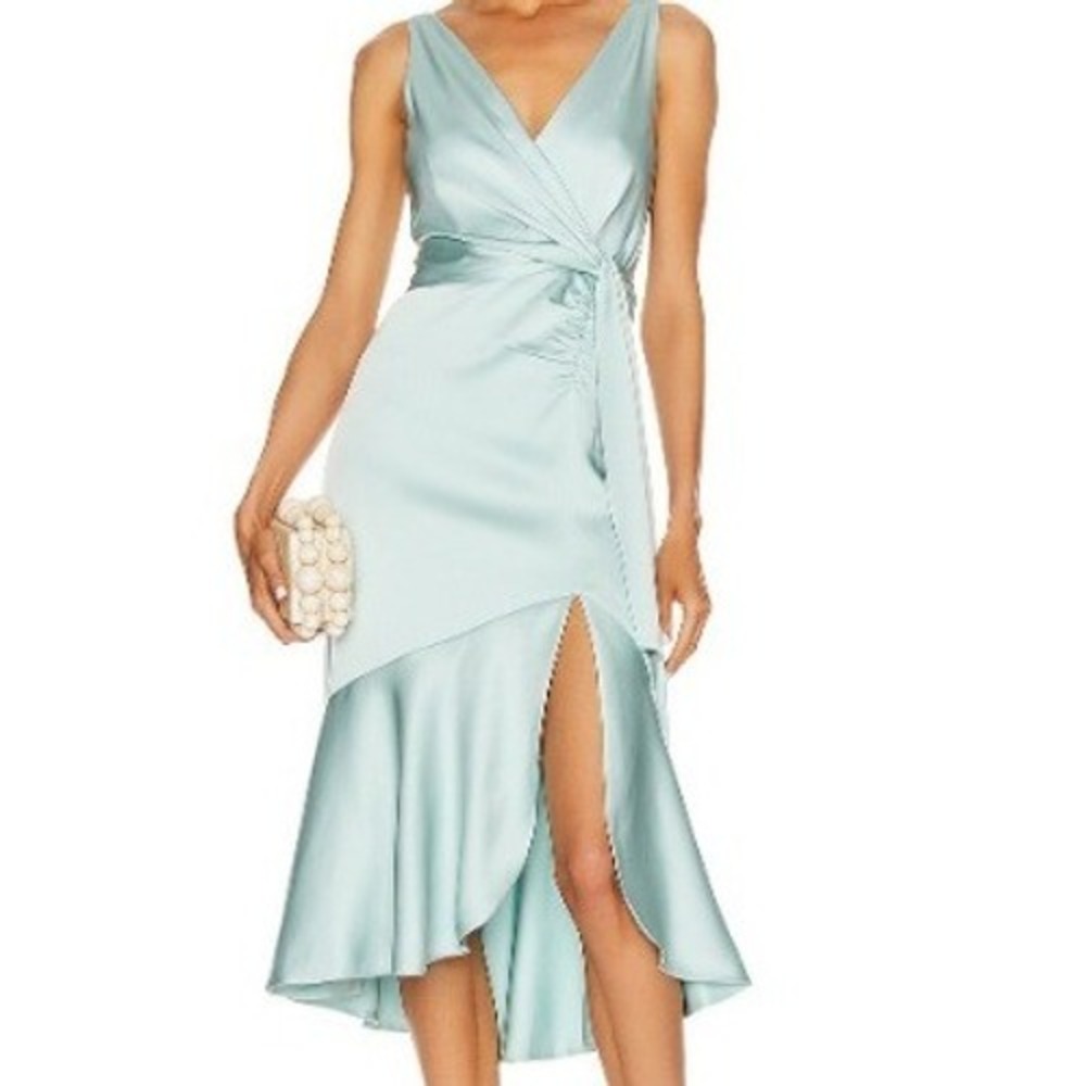 JONATHAN SIMKHAI NWT Women's 2 Seafoam Green Satin Midi Dress‎ Sleeveless Ruffle